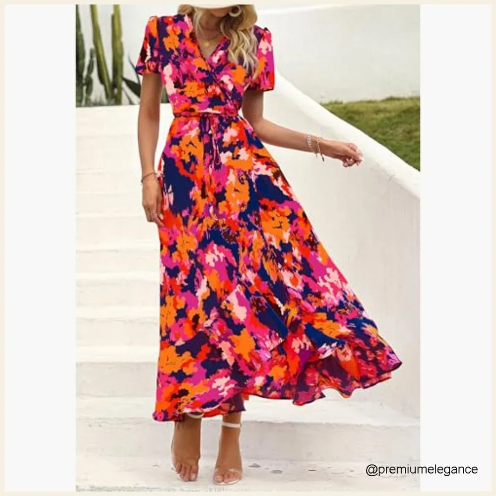 Boho Floral Maxi Dress Wrap V Neck Short Sleeve Summer Beach Wedding Guest - Picture 4 of 7